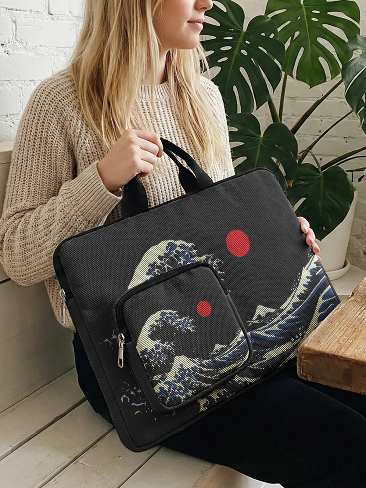 hokusai the great wave sac à main pour ordinateur portable avec poche supplémentaire, étui antichoc pour ordin