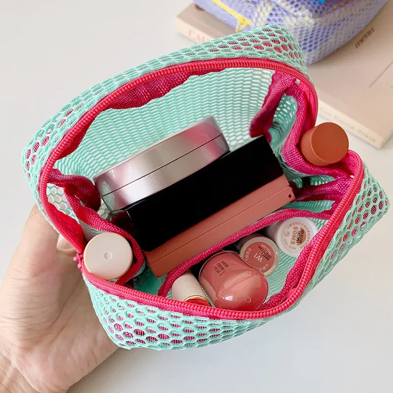 sac cosmétique carré en maille, sac de rangement cosmétique carré portable avec fermeture éclair, sac de rangement multi-usages pour articles divers