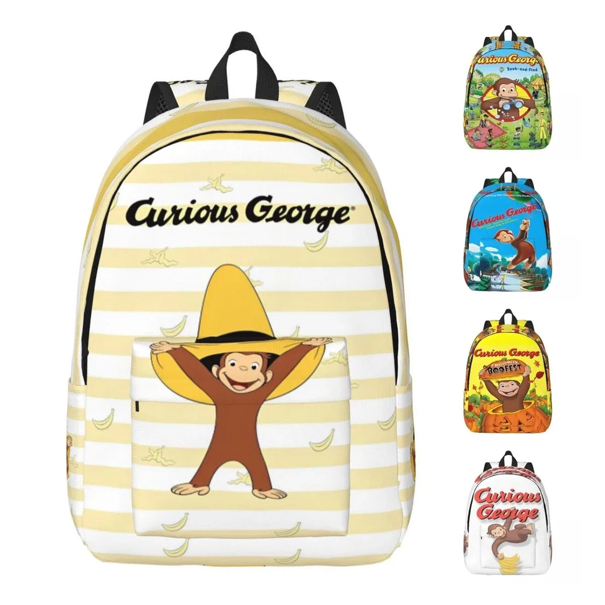 Curious George Monkey Cartoon Sac à dos pour hommes et femmes, décontracté, étudiant, travail, sac à dos, série TV, ordinateur portable, initié, extérieur