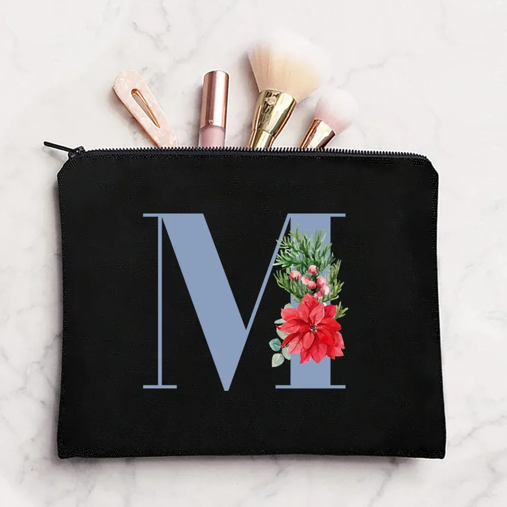 sac à cosmétiques en tissu pour femmes, pochette de maquillage, sac de voyage, rouge à lèvres, étuis de rangement, pochette à fermeture éclair, porte-monnaie de téléphone, initiales bleues imprimées