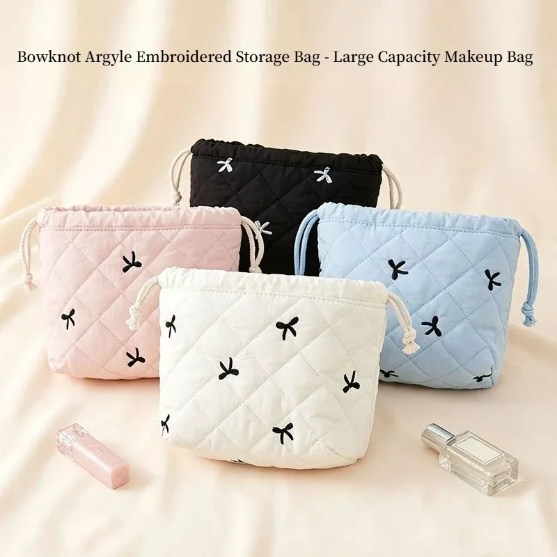 Pochette de maquillage matelassée à cordon de serrage avec broderie en forme d'arc, grande capacité, pochette cosmétique en losanges, organisateur de rangement portable pour voyage, usage quotidien