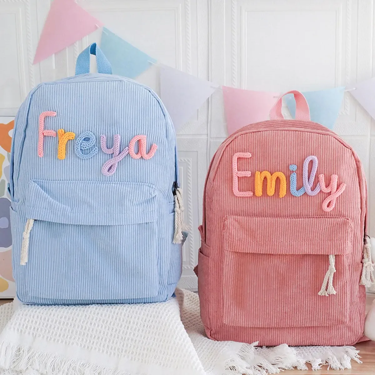 sac à dos personnalisé en velours côtelé pour hommes et femmes, lettres brodées à la main, sac à dos en tissu coloré, 1 pièce