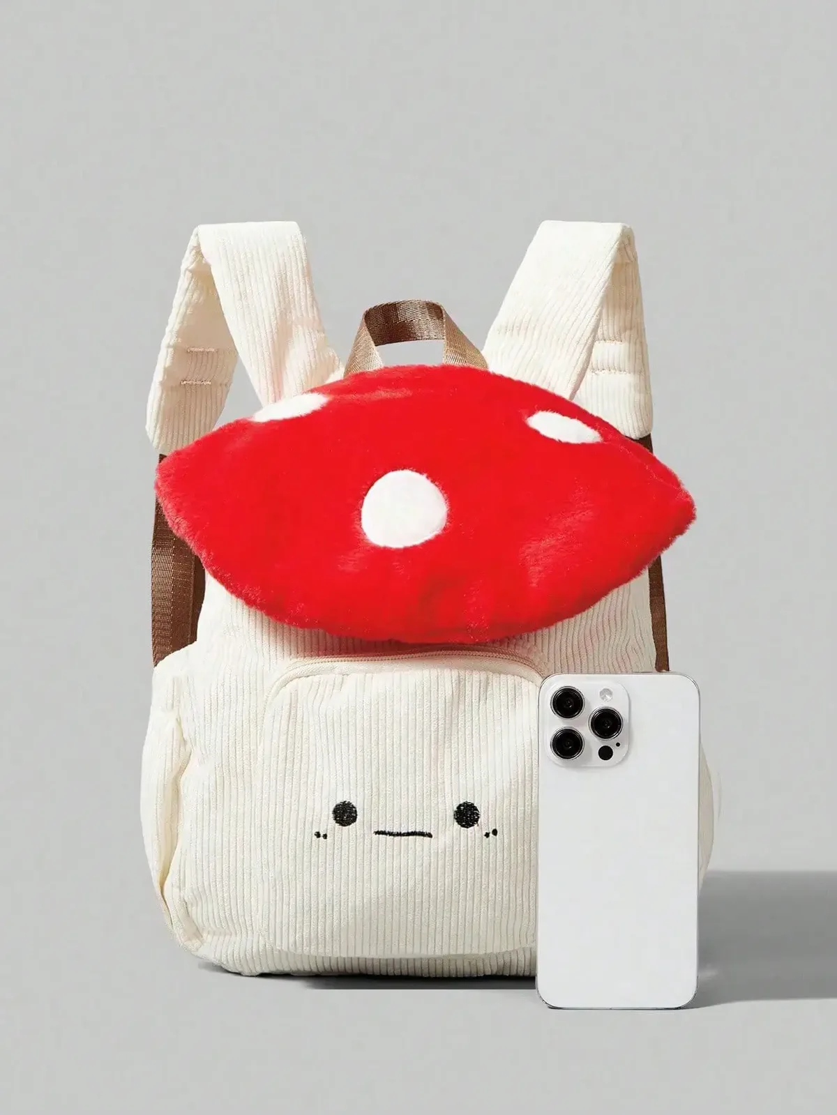 sac à dos en velours côtelé mignon et tendance, motif champignon et pois brodés, design color-block, idéal pour le campus
