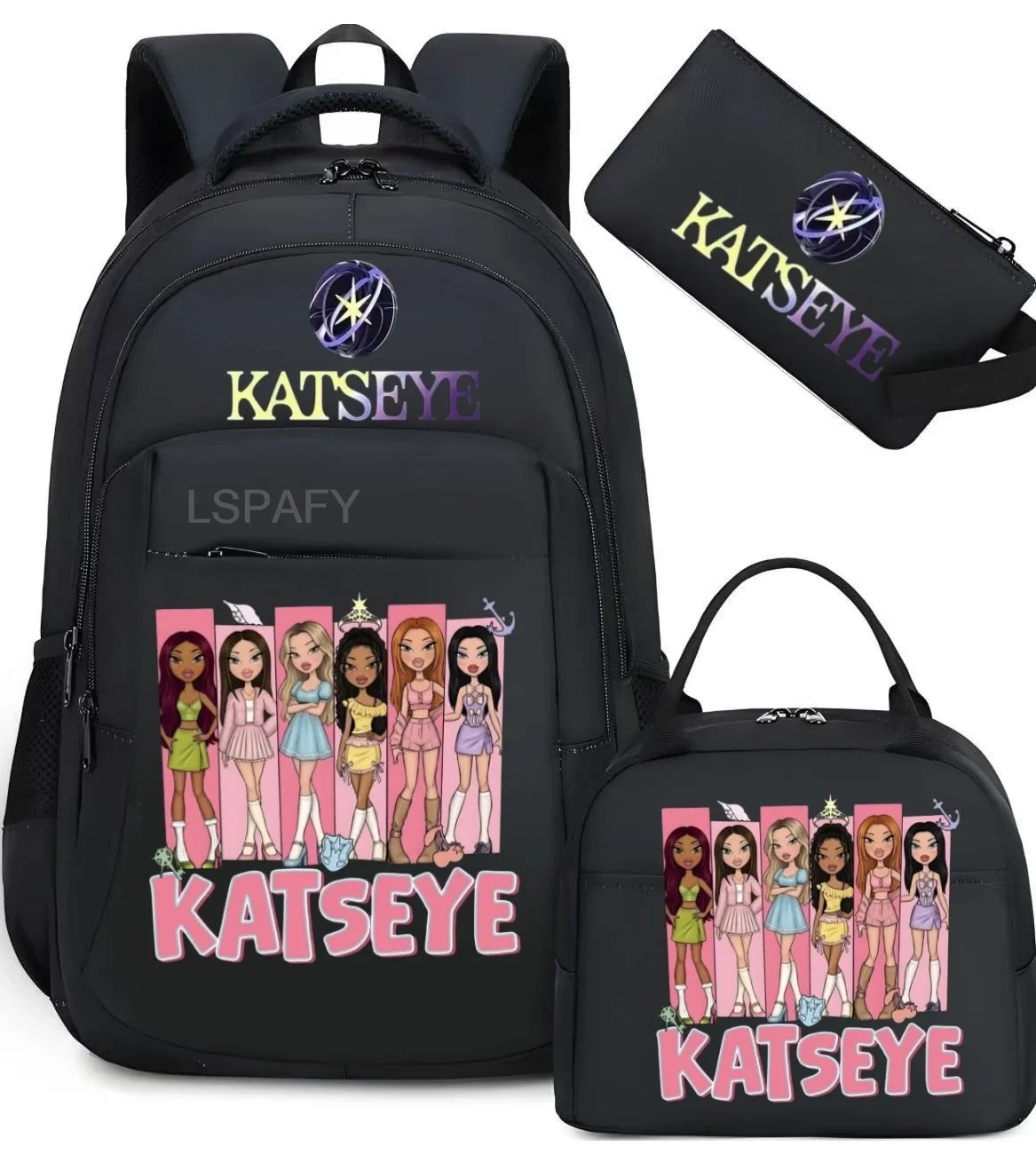 sacs d'école imprimés fashion katseye, ensemble de 3 pièces, sac à dos pour l'école primaire, garçons et filles, sac à dos de sport avec sac à lunch et trousse à crayons