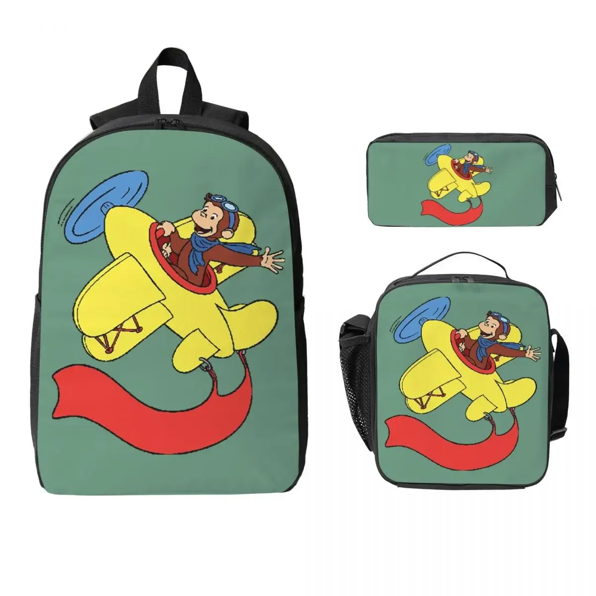 sac à dos anime curious george monkey, sac à livres pour étudiants, sac d'école, sacs à bandoulière pour ordinateur portable, sac à déjeuner isotherme, trousse à crayons, 3 pièces