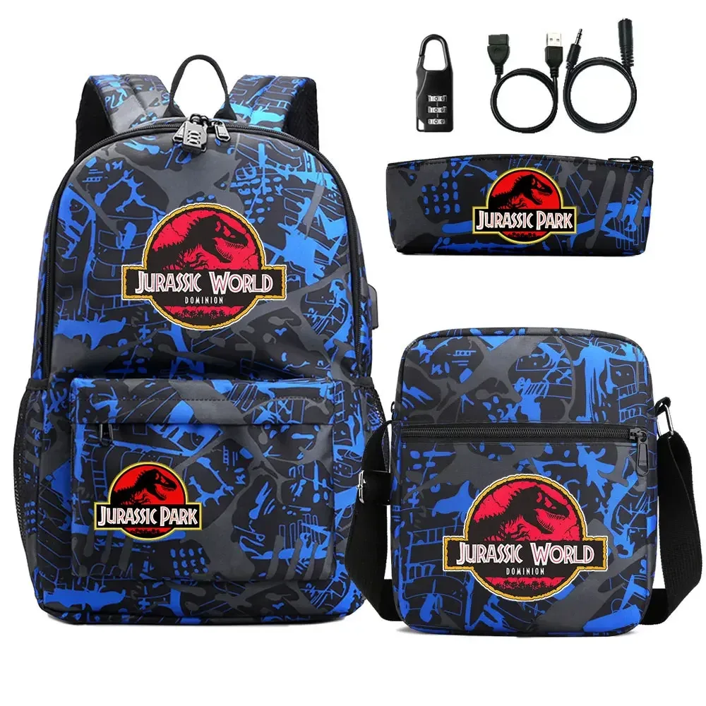 dinosaure jurassic park world 3 pièces usb antivol serrure garçon fille enfants école livre sacs voyage sac à dos sac à bandoulière stylo sac
