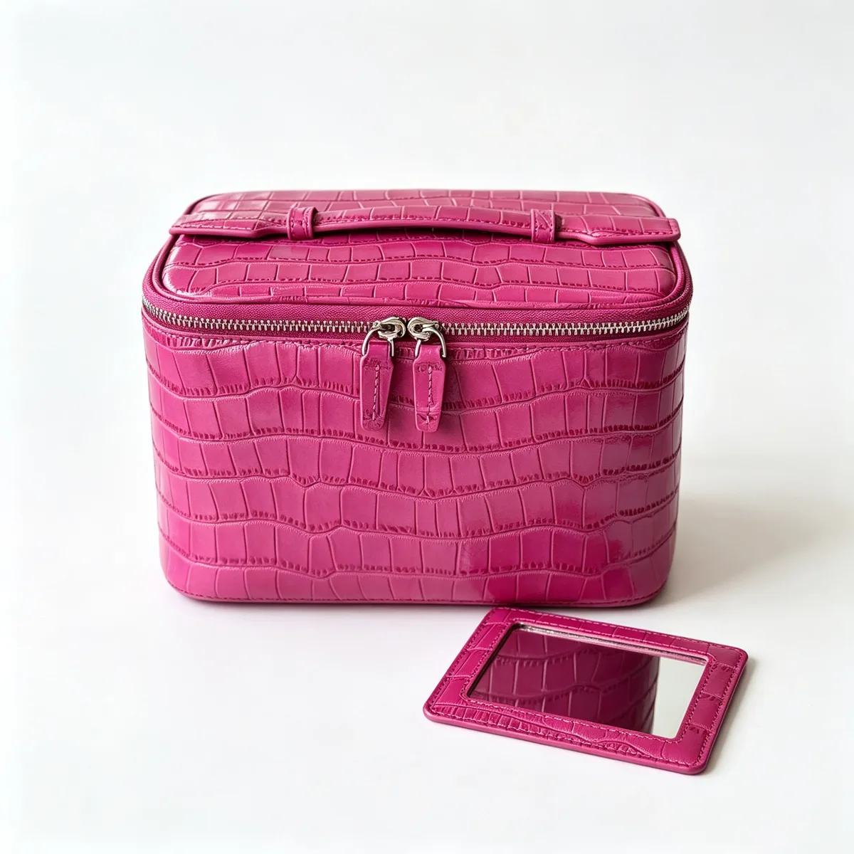 sac à cosmétiques en cuir de vachette à motif crocodile, rouge rose, luxe léger, en cuir véritable, pour femmes, portable, pour le voyage, trousse de toilette