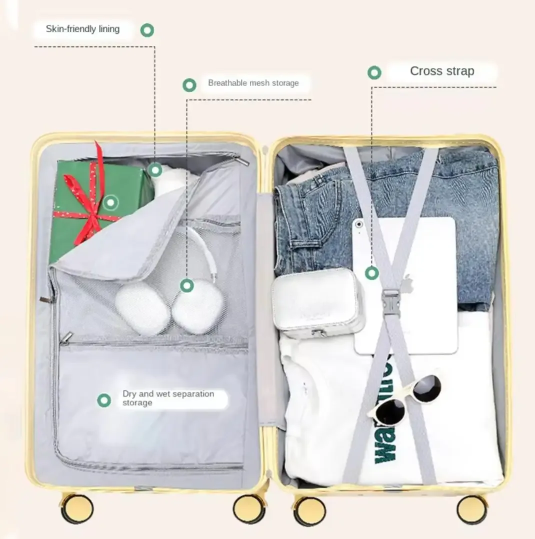 valise à roulettes 20/24/26/28 pouces, bagage de voyage multifonctionnel avec porte-gobelet et port de charge usb