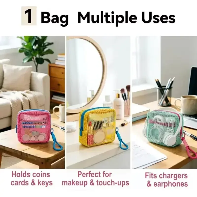 mini pochette en maille dopamine, étui carré coloré pour écouteurs, trousse à cosmétiques portable pour rouge à lèvres, organiseur de rangement respirant pour articles de toilette