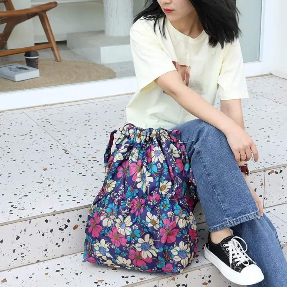 sac à cordon imprimé floral décontracté, sac de shopping portable en polyester imperméable, sacs à dos pliables légers pour adolescentes
