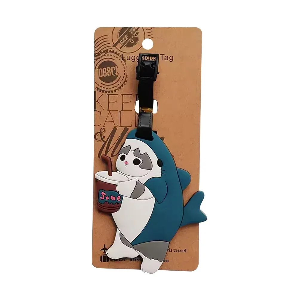 étiquette de bagage design chat requin kawaii, accessoires de voyage pour femmes, étiquette de bagage en pvc de dessin animé pour hommes, portable, anti-perte, adresse, nom