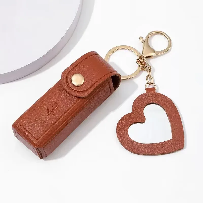 sac en cuir portable pour rouge à lèvres, poudre de maquillage, baume jules, porte-clés, housse de protection avec miroir