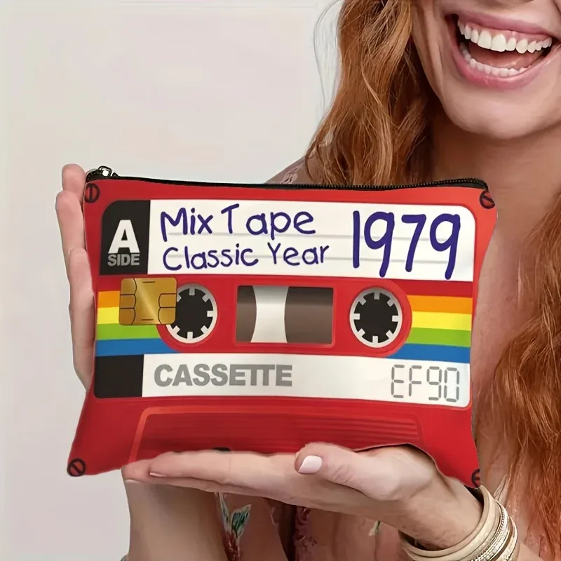 trousse de toilette de voyage pliable, style mixtape rétro, vintage, conception de ruban à cassette |   pochette de rangement légère pour maquillage à fermeture éclair