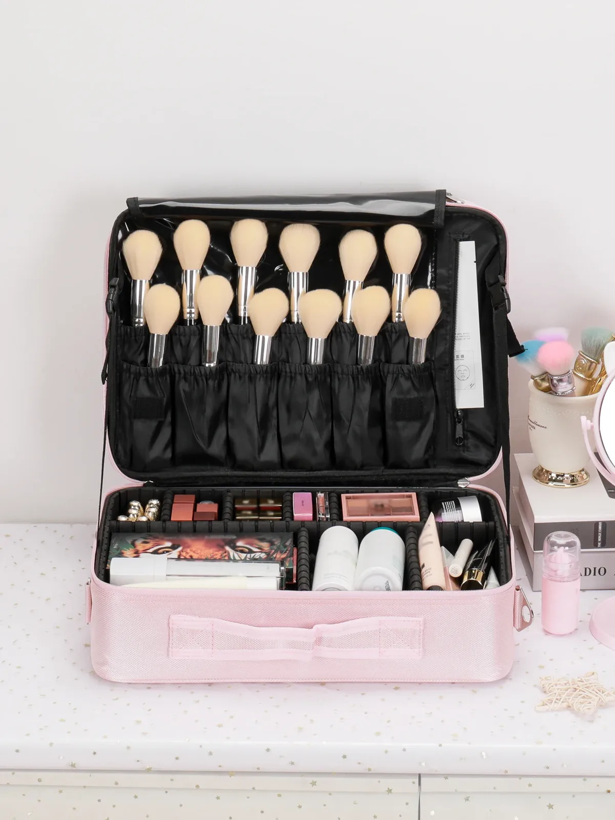 trousse de maquillage de voyage, étuis de train de maquillage, organisateur professionnel de rouge à lèvres avec bandoulière, séparateurs réglables pour maquillage cosmétique