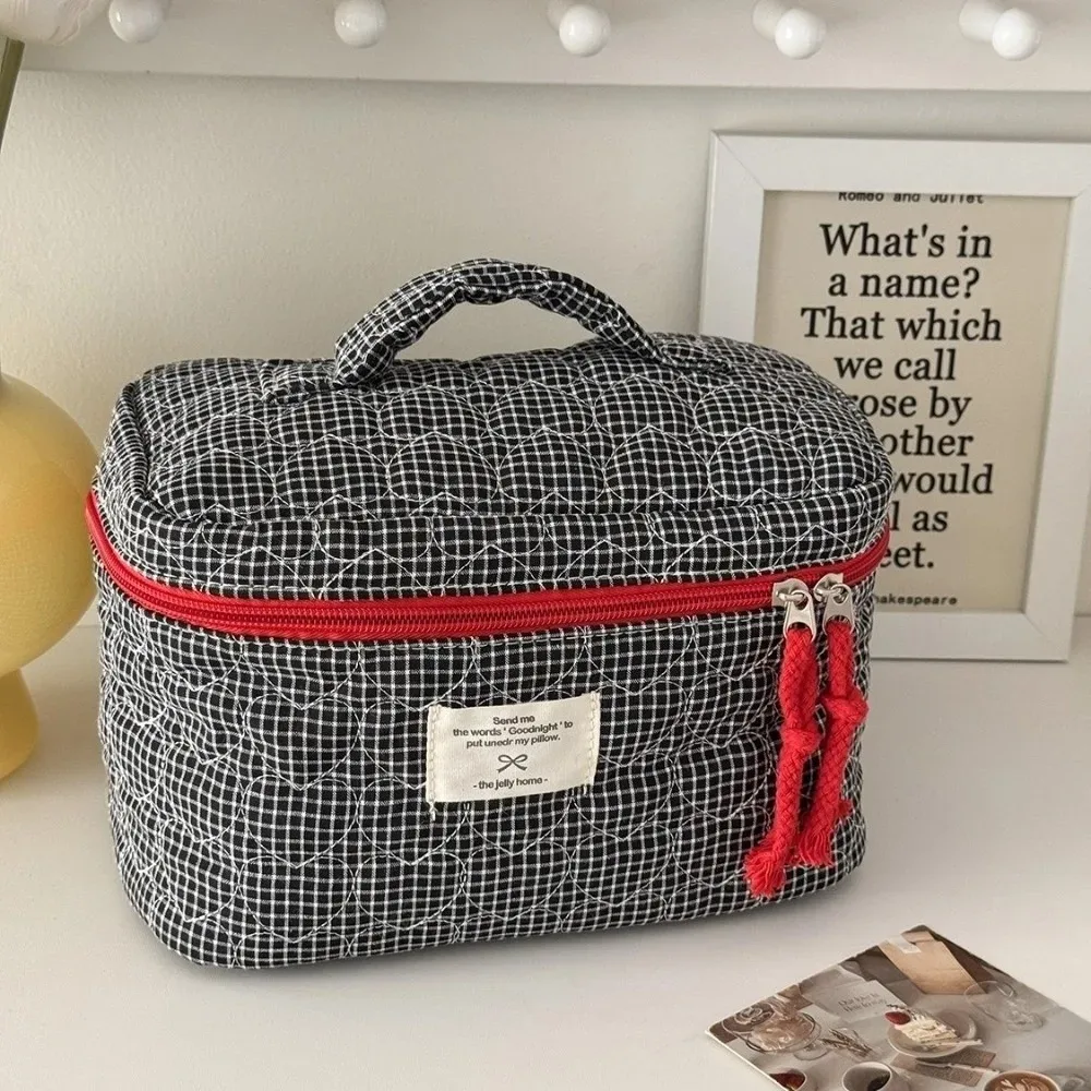 trousse de maquillage classique matelassée en forme de cœur, style coréen, grande capacité, pochette cosmétique à fermeture éclair, motif écossais, pour extérieur