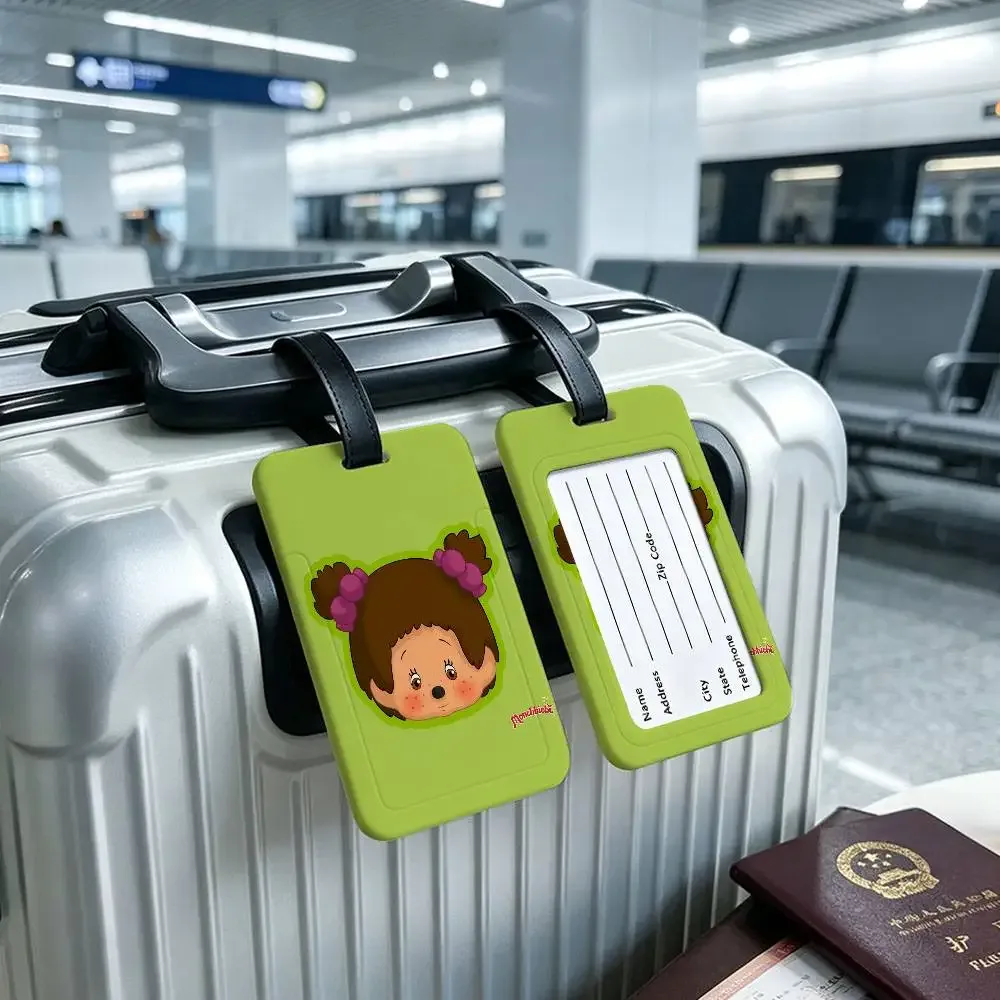 étiquette de bagage en pvc imperméable monchhichis avec carte d'information, étiquette d'identification anti-perte pour bagages et sacs d'école