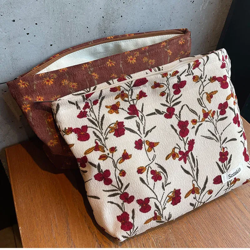 trousse de maquillage portable en velours côtelé pour femme, sac de rangement pour téléphone portable, trousse de maquillage pour fille, poudres, fleur vintage, voyage