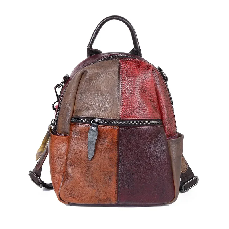 sacs à dos vintage patchwork en cuir véritable pour femmes, sac à bandoulière de voyage, sac d'école, rétro couleur à carreaux, poches fonctionnelles