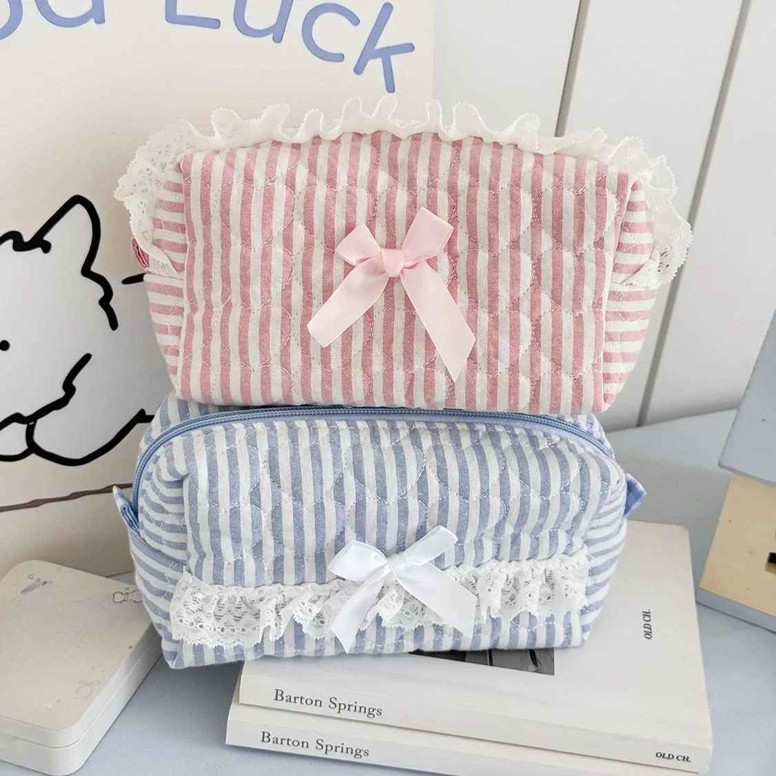 sac à cosmétiques rayé avec nœud rose et bleu, pochette de maquillage en dentelle mignonne, sacs de rangement pour organisateur de cosmétiques pour femmes de grande capacité