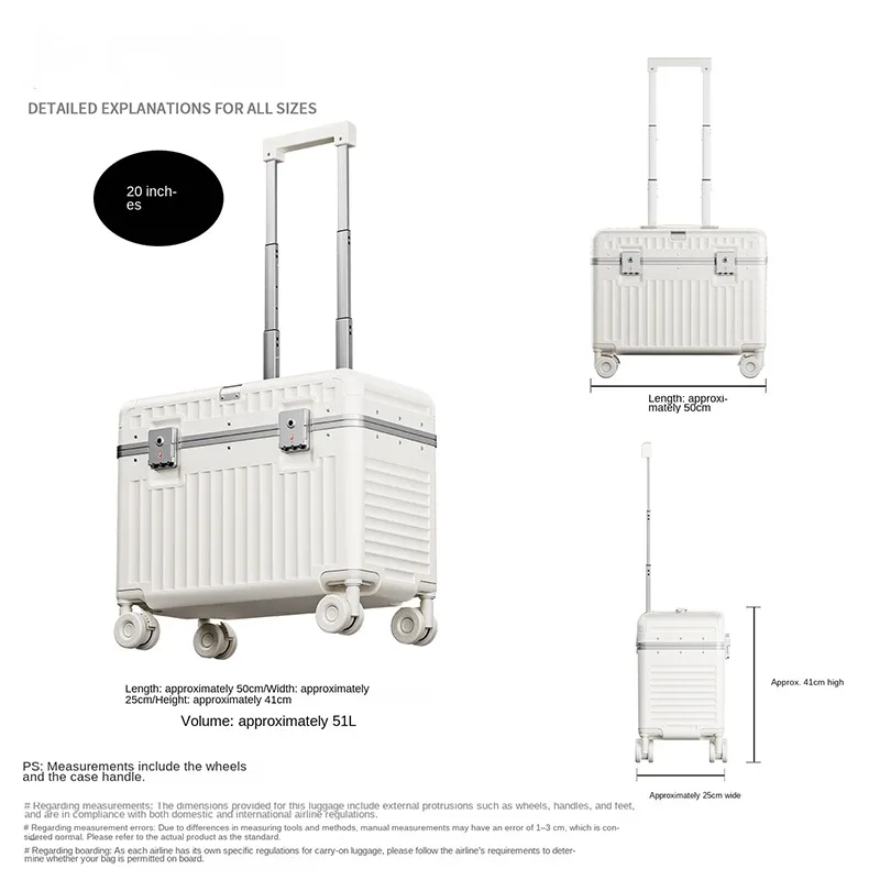 valise cabine en aluminium de 18 pouces, bagage de voyage, valise à roulettes de 20 pouces avec serrure à code, coffret de maquillage, boîte de rangement.