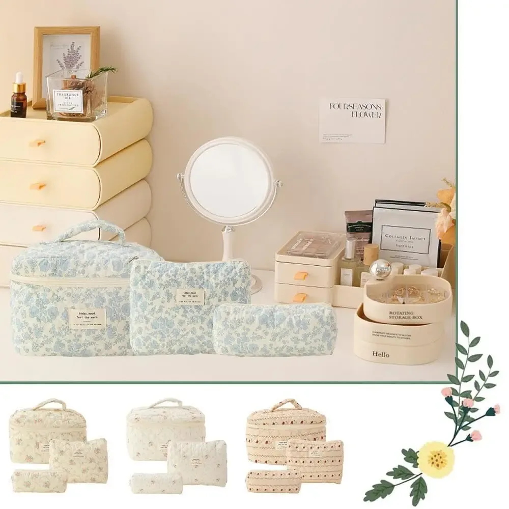 sac de maquillage en coton matelassé pour femmes, 1 pièce, mignon, fermeture éclair, organisateur de cosmétiques, sac à main en tissu en forme de boîte, trousse de toilette portable pour filles