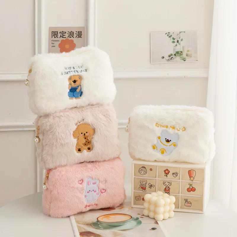 Sac à cosmétiques en peluche pour filles, sac de rangement de grande capacité, porte-poudres de maquillage, cadeau pour filles, école coréenne, étudiant