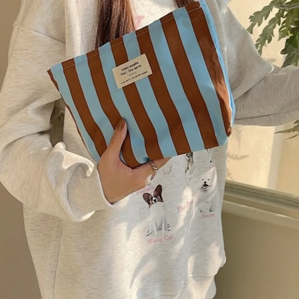 sacs de rangement rayés contrastés pour femmes, sacs cosmétiques mignons de grande capacité, trousse de maquillage, pochette en toile, sacs à main