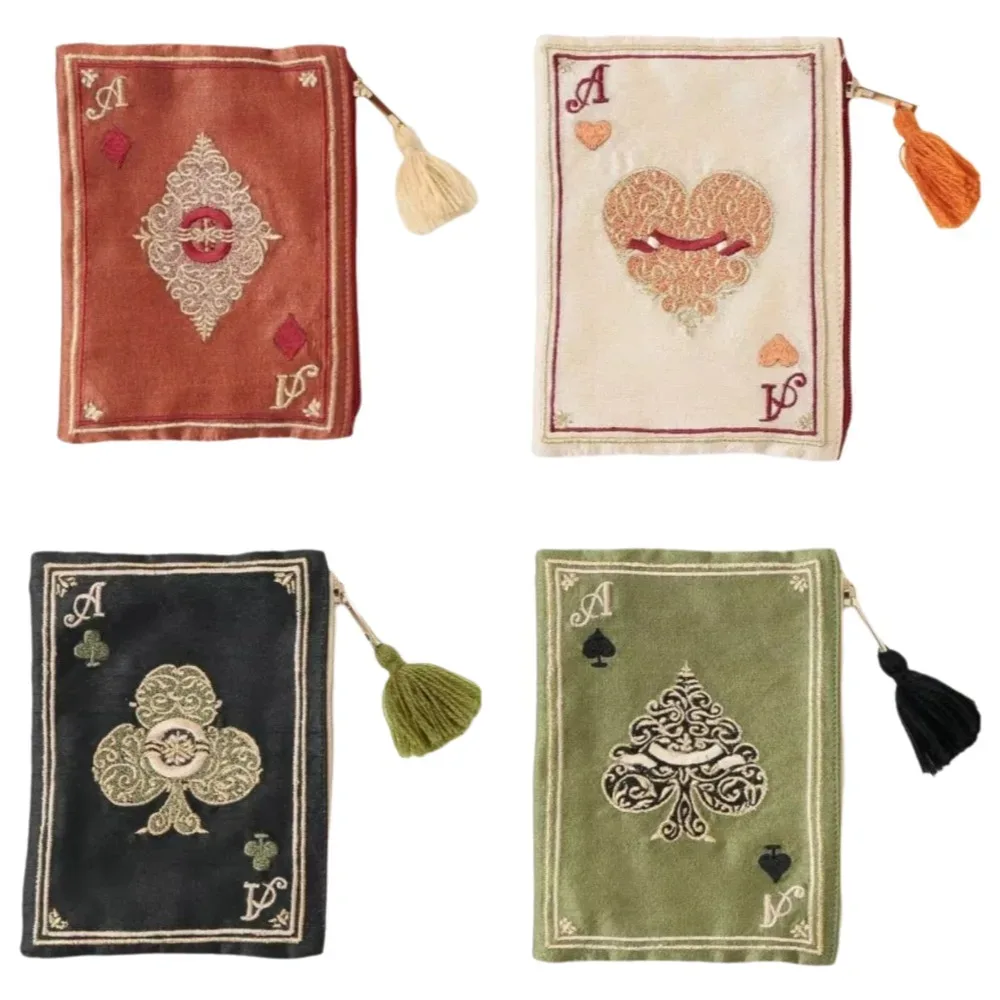 Nouvelle trousse à cosmétiques brodée à la main, style ethnique, motif de cartes à jouer, sac de rangement à franges, sac rétro japonais portable