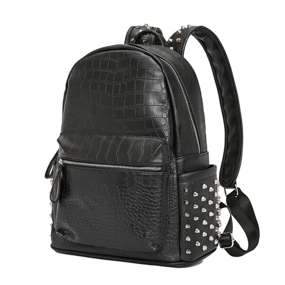 Annmouler-Sac à dos en cuir PU de grande capacité, sac à dos pour ordinateur portable en alligator, sac à dos de voyage, sac à dos unisexe, noir, design tendance, qualité