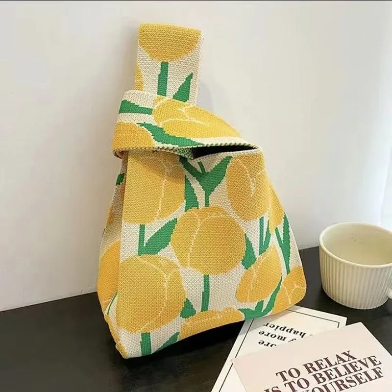 sac à main en tricot fait à la main pour femme, mini sac de poignet à nœud, sac fourre-tout à carreaux à large rayure, sacs à provisions réutilisables pour étudiants, document décontracté japonais