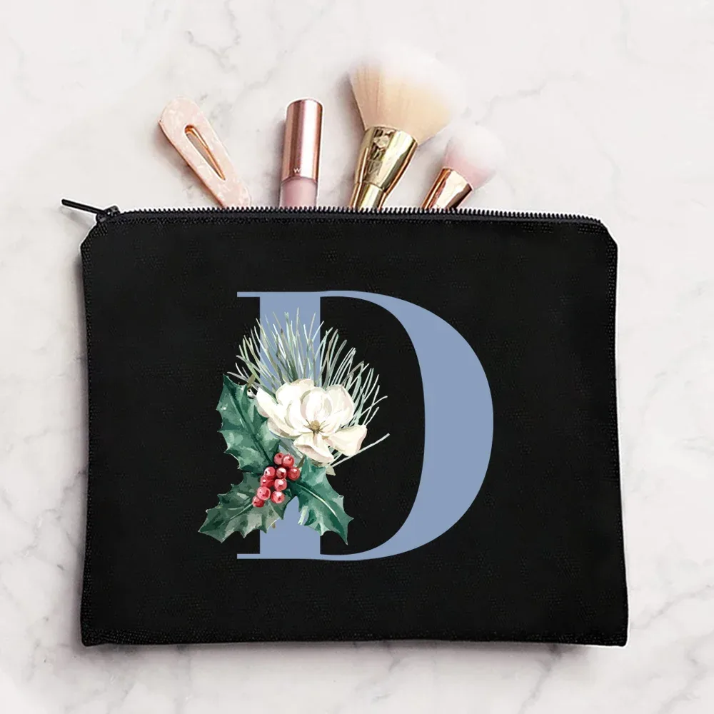sac à cosmétiques en tissu pour femmes, pochette de maquillage, sac de voyage, rouge à lèvres, étuis de rangement, pochette à fermeture éclair, porte-monnaie de téléphone, initiales bleues imprimées