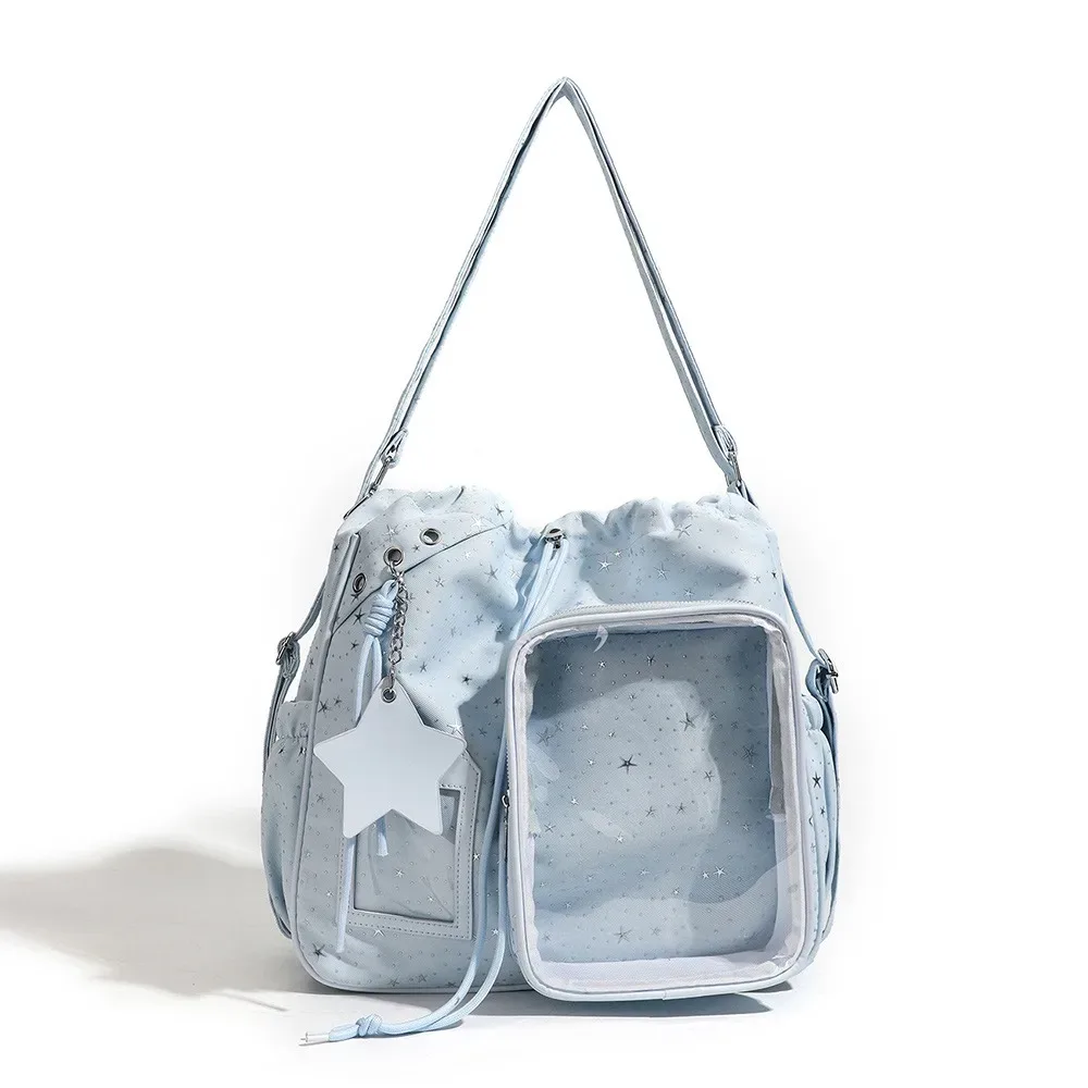 sac à dos étudiant grande capacité kawaii, imprimé étoiles transparentes, sac à dos à cordon double épaule, sac à dos pentagramme pour collège