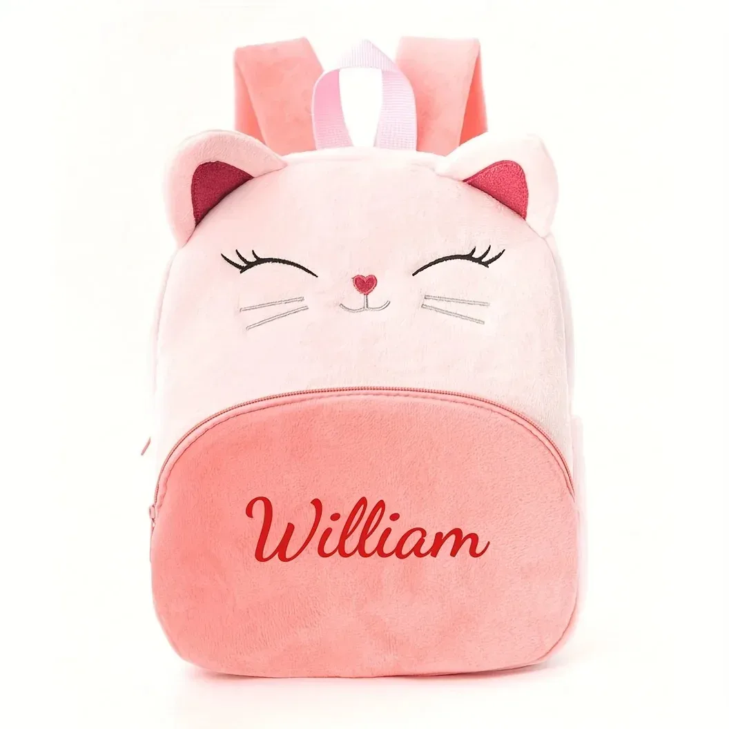 sac à dos chat de dessin animé avec nom personnalisé pour filles, conception de texte brodé, idéal pour les voyages à l'école/à l'extérieur, sac de loisirs et retour à