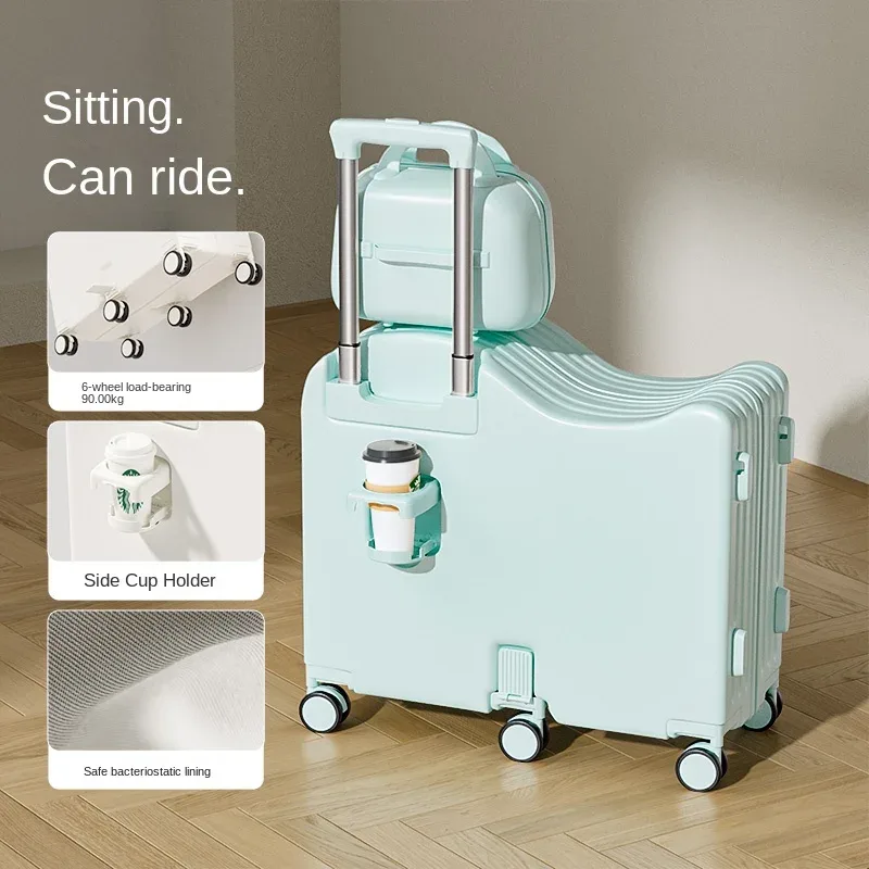 bagage pour enfants peut s'asseoir, valise de 18/20 pouces, ensemble de bagages à six roues, bagages de 22/24 pouces avec porte-gobelet usb, valise de voyage