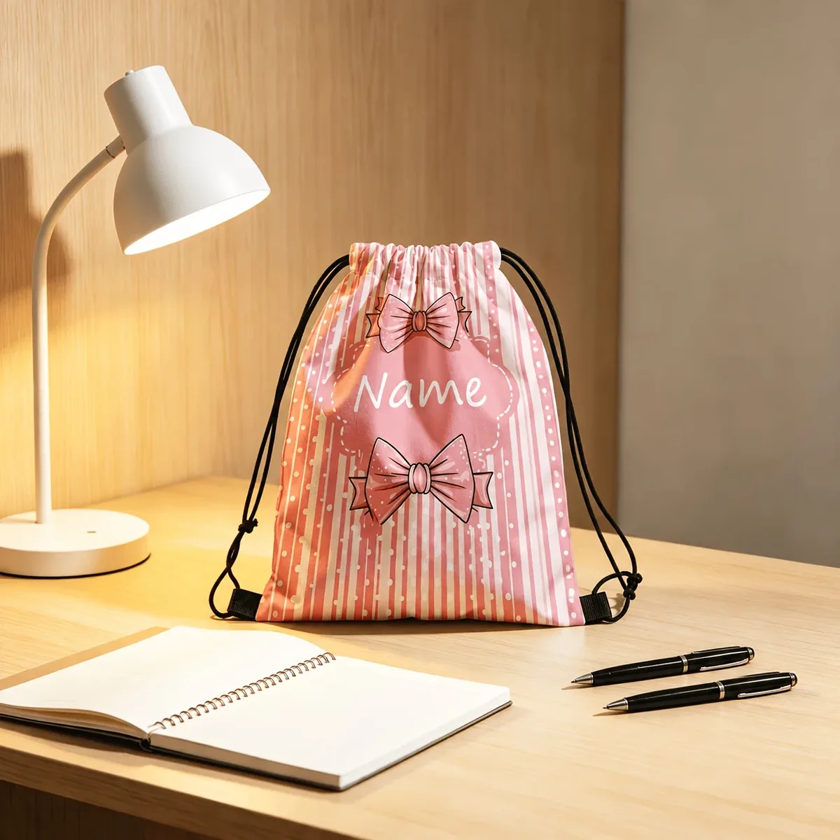 sac à dos personnalisé rose à rayures avec cordon de serrage, nom personnalisé, sac de sport avec poches pour voyage, extérieur, vacances, cadeau de noël