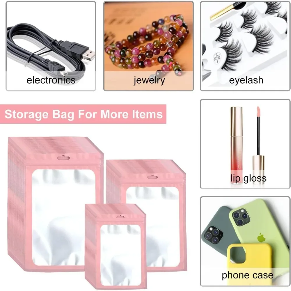 sacs à fermeture éclair refermables roses, pochette d'emballage pour bijoux, coque de téléphone, affichage de cils, feuille de fenêtre transparente, organisateur de rangement anti-odeur