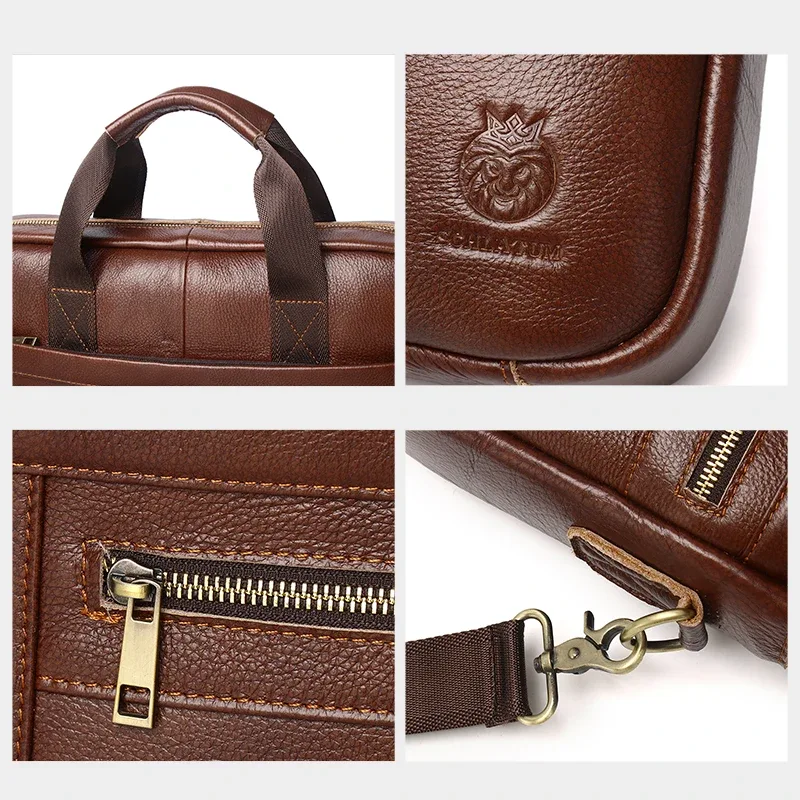 schlatum-étuis à bombes en cuir véritable pour hommes, sac d'ordinateur d'affaires de bureau, sacs à main vintage, étui à bombes pour ordinateur portable, 15.6 pouces