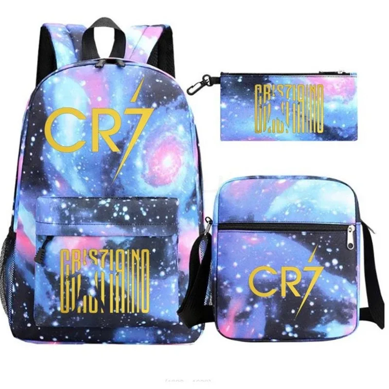 nouveau cr7 sac à dos 3 pièces sac de voyage toile sac à dos étudiants sac d'école pour garçons filles toile adolescents ordinateur portable fermeture éclair mochilas pour cadeau