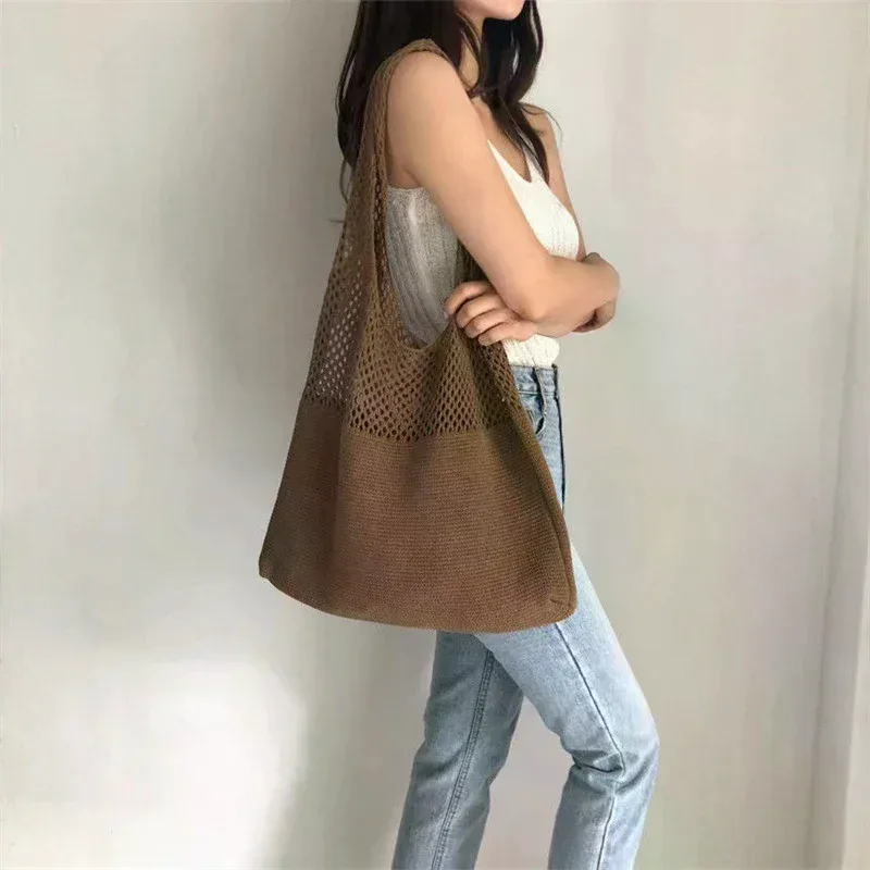 Sac de rangement portable en fil tricoté style rétro, grande capacité, sac à bandoulière décontracté, sac de shopping, sac fourre-tout pratique, sac à main