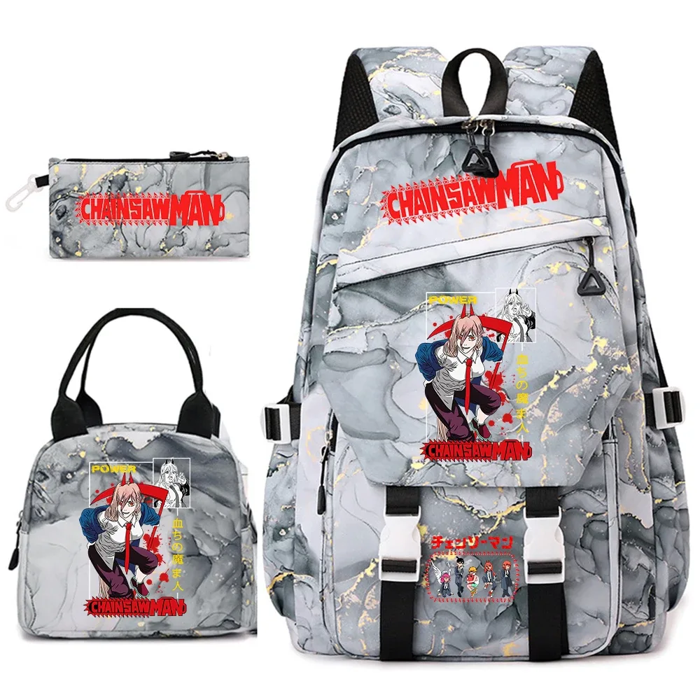 ensemble de sacs à dos pour étudiantes avec imprimé chainsaw man anime, pour filles, avec sac à lunch et trousse à crayons, pour une utilisation quotidienne à l'école