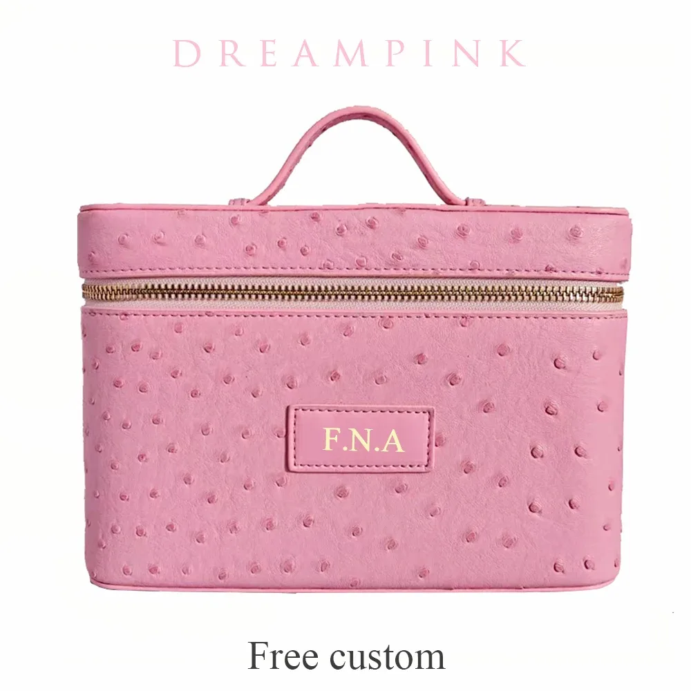 Trousse de Maquillage de Luxe en Simili Plumes d'Autruche pour Femme, Sac de Voyage Personnalisable Grande Capacité avec Poignée, Organisateur Cosmétique