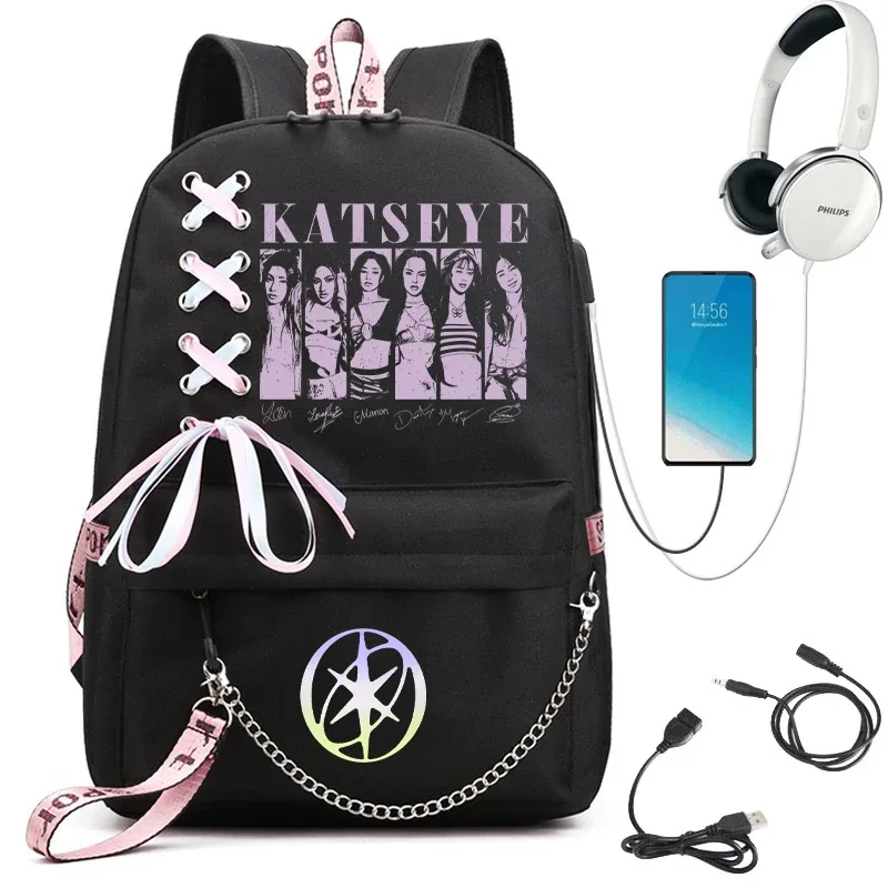 sac à dos d'école graphique katseye pour filles, sacs d'école pour adolescents avec port usb, sac pour ordinateur portable y2k pour femmes, sac à dos katseye pour étudiants