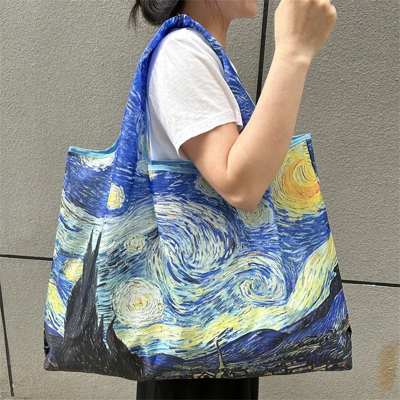 sac de courses pliable imprimé peinture à l'huile, réutilisable, grande capacité, sac fourre-tout écologique, sac de rangement portable et imperméable