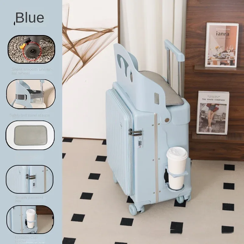 nouvelle valise pour enfants sur laquelle on peut s'asseoir, 20/22/24 pouces, valise à roulettes avec ouverture frontale, robuste et épaissie, avec porte-gobelet.