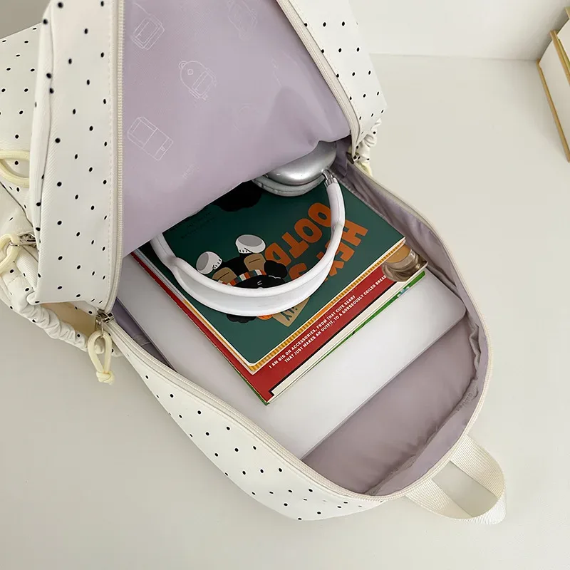 sac à dos à pois de style frais, léger, grande capacité, sac à bandoulière double pour les élèves du collège et du lycée, matériau en nylon