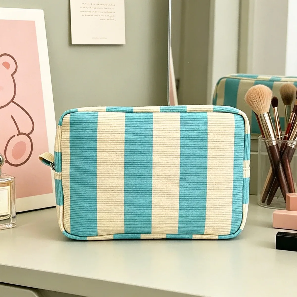 sac de maquillage rayé en forme de boîte pour femmes, sac à cosmétiques portable avec fermeture éclair, organisateur de voyage, pochette de rangement pour articles de toilette féminins
