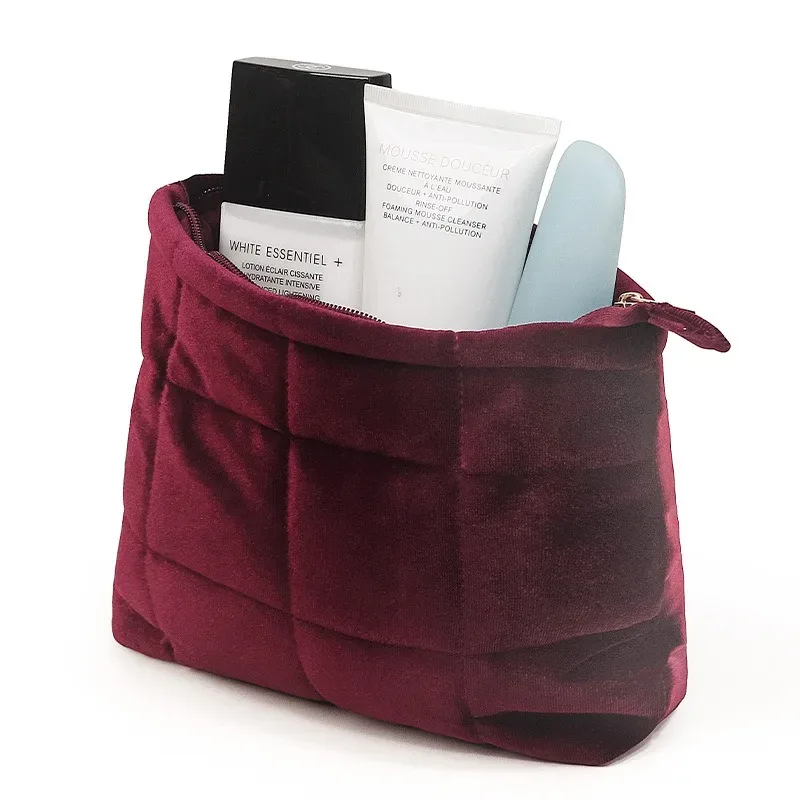 1 pièce trousse de maquillage matelassée en velours, grande capacité, pochette de toilette de voyage, organiseur de cosmétiques portable pour femmes