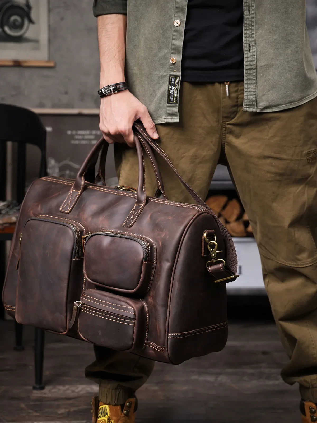 sac de voyage décontracté vintage en cuir de vache crazy horse pour hommes, sac de voyage de grande capacité de luxe de haute qualité en cuir véritable multi-poches