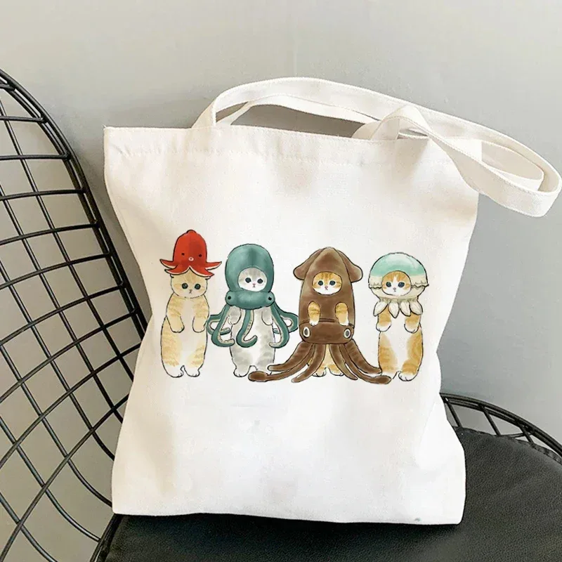 femme sacs à provisions kawaii dessin animé chats amusant sac fourre-tout shopper organisateur décontracté déjeuner sacs à main grande capacité toile sacs à bandoulière
