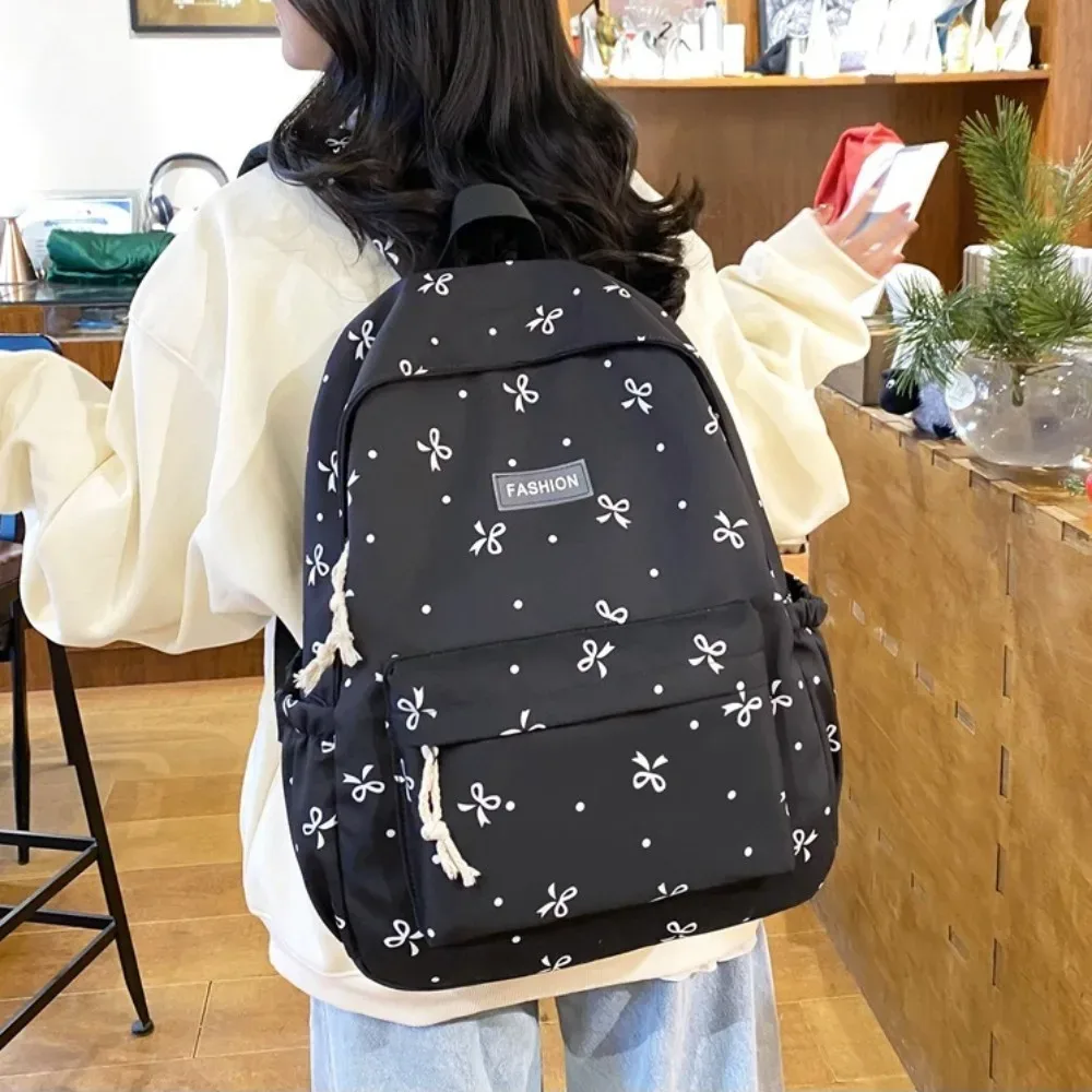 sac à dos scolaire en nylon mignon pour étudiantes, grande capacité, imprimé nœud, sac à dos pour femmes